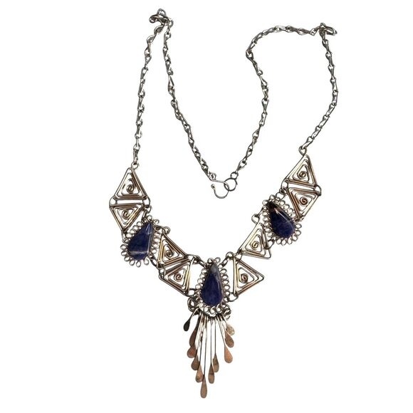 Vintage Silver Necklace Blue Lapis Lazuli Teardrops Intricate Triangle Design 18 - Picture 1 of 6